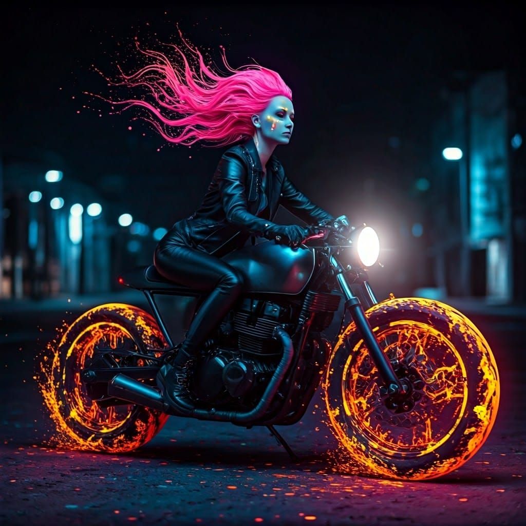 Woman on Motorcycle in Futuristic City