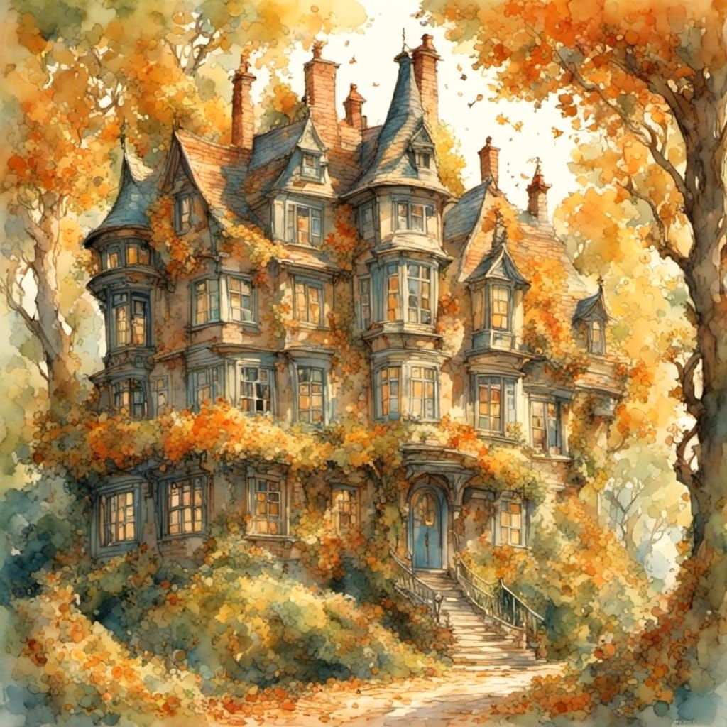 Squirrel House in Autumnal Trees, Art Nouveau Style