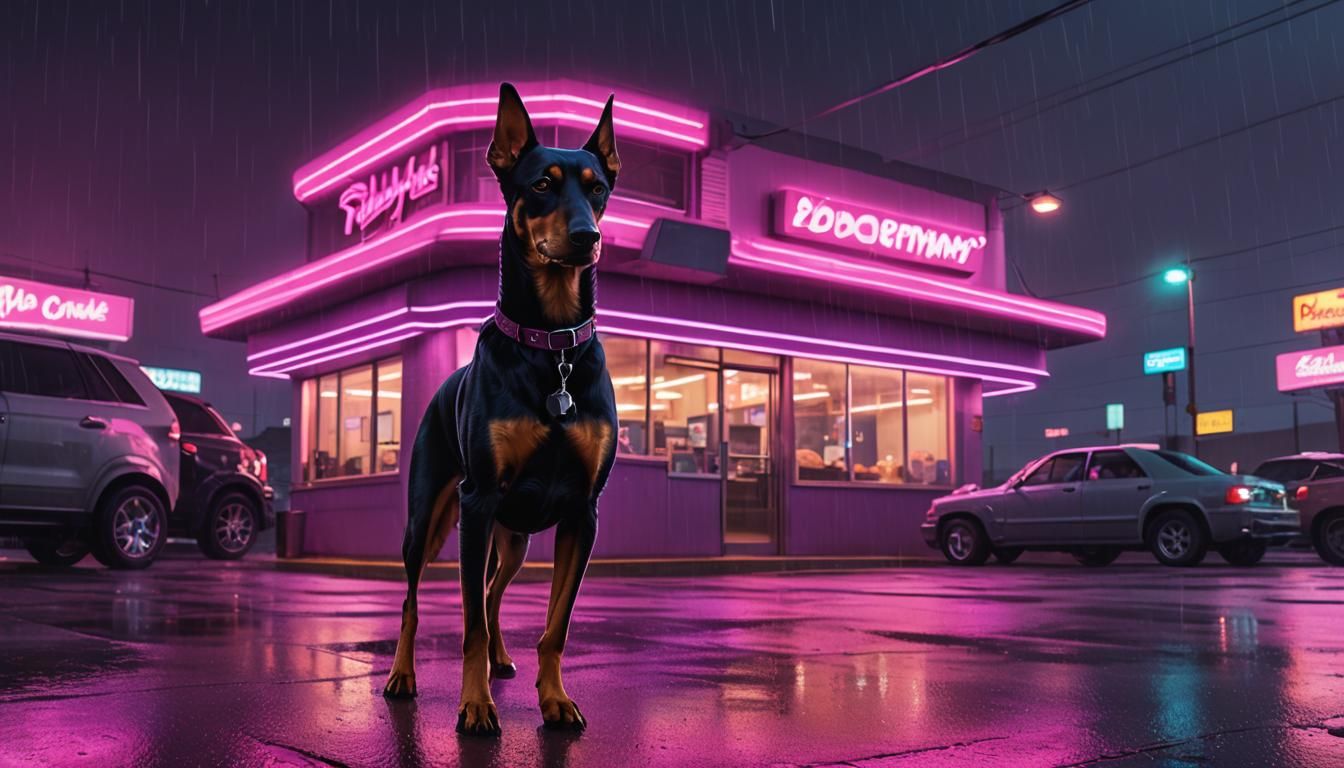 Dobermann in Rainy Neon Diner Parking Lot