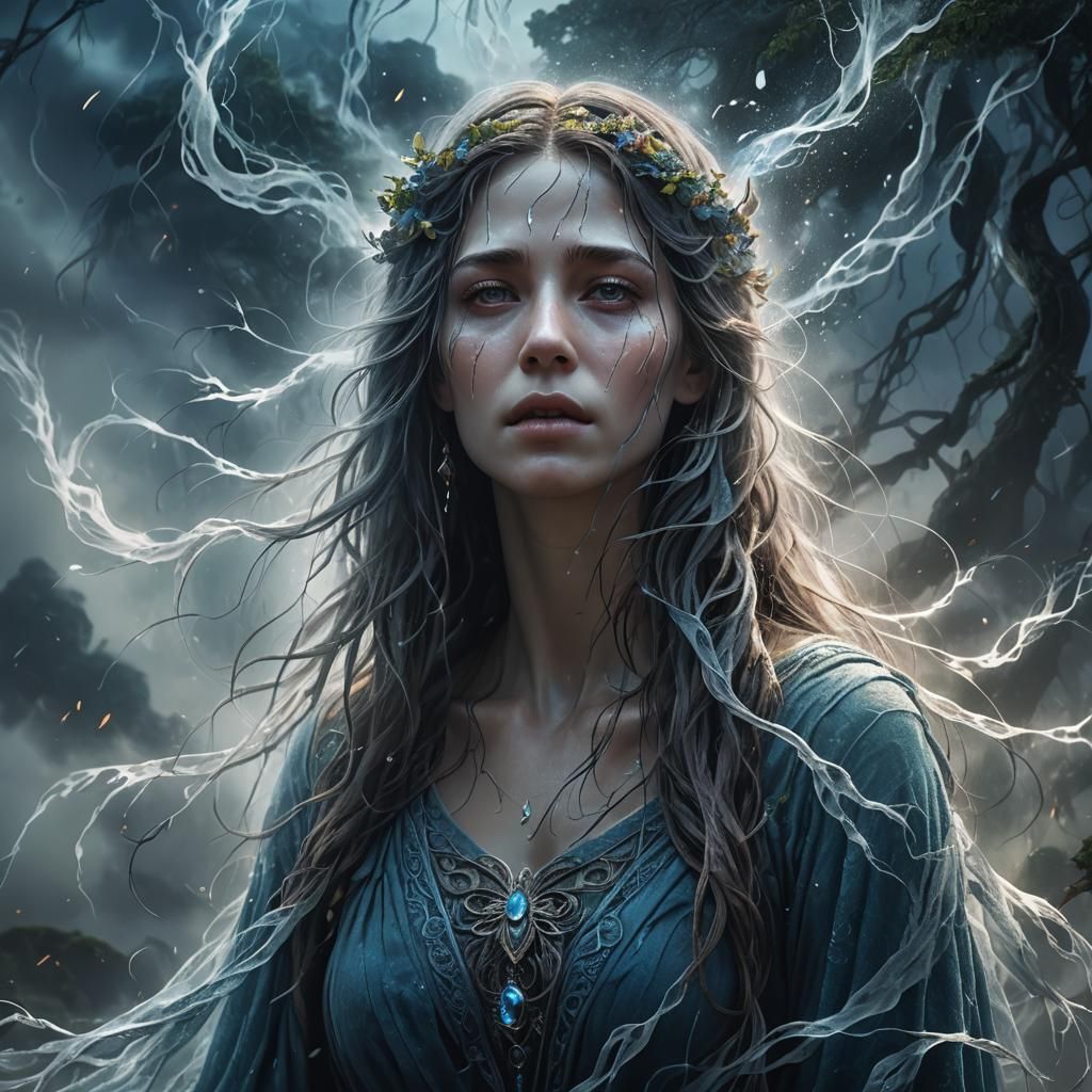 Ethereal Weeping Spirit in a Swirling Mist: Fantasy Art