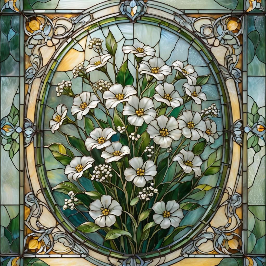 Traditional-Stained glass art, medium shot. Small, vibrant w...