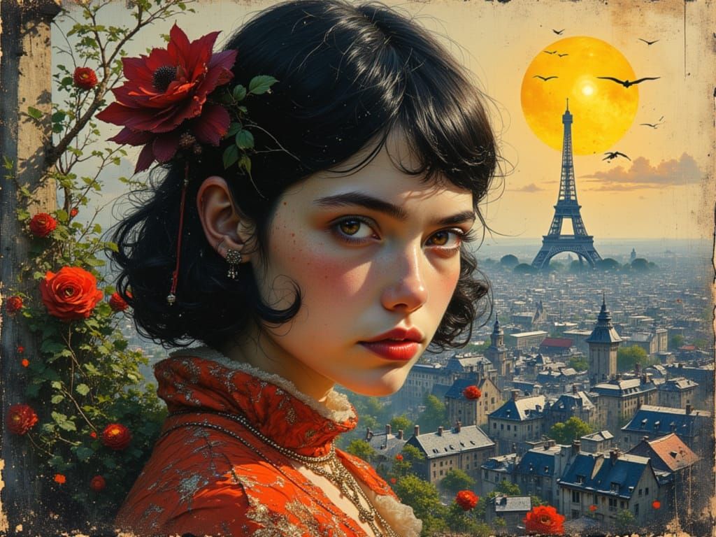 Majestic Woman on Paris Rooftops in Concept Art Style