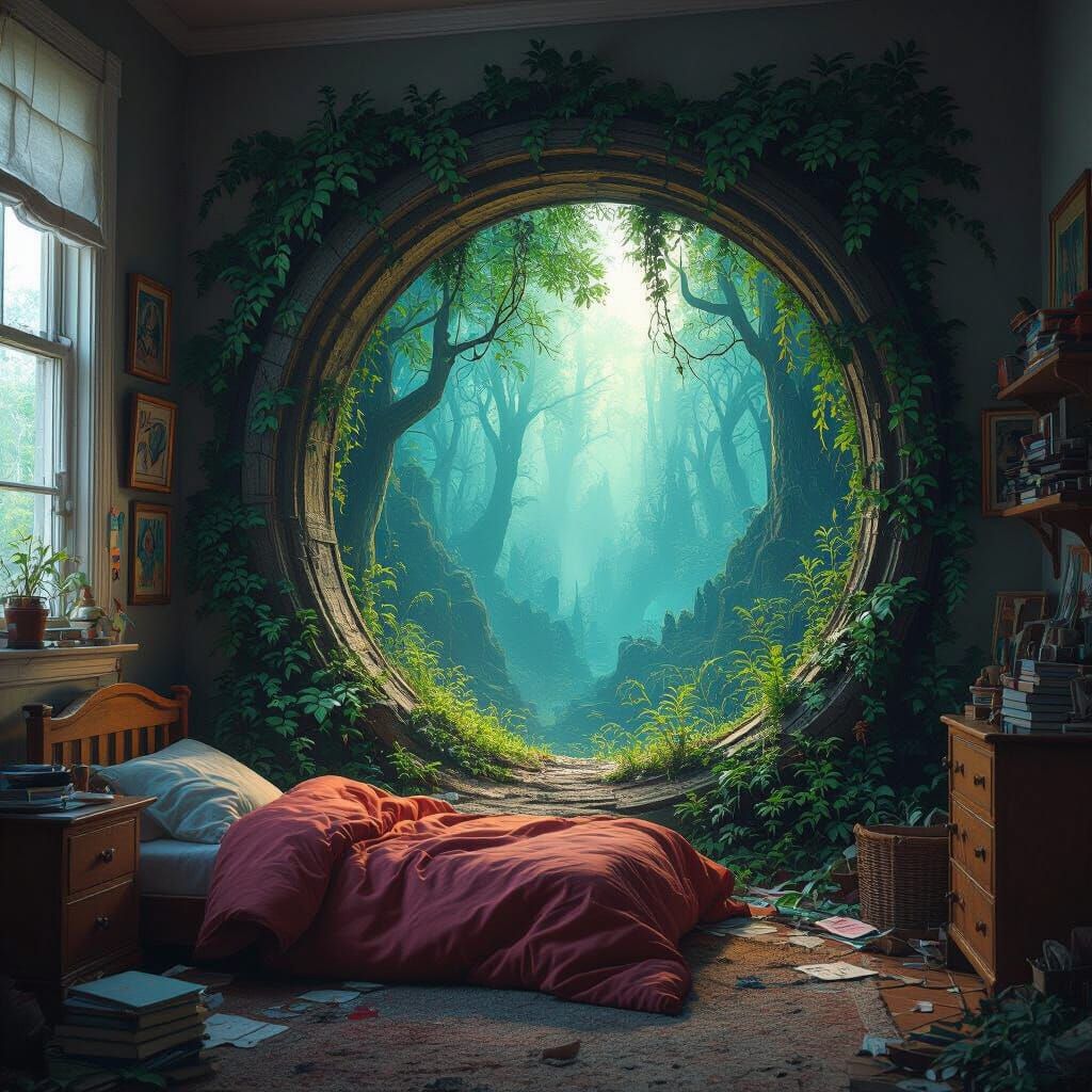 Mythical Forest Portal in Messy Bedroom, Cinematic Digital M...