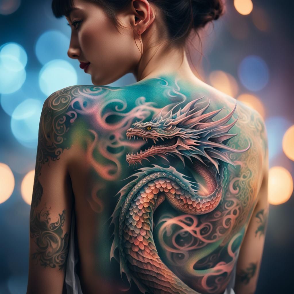 Hyperrealistic Dragon Tattoo Art on Woman's Back