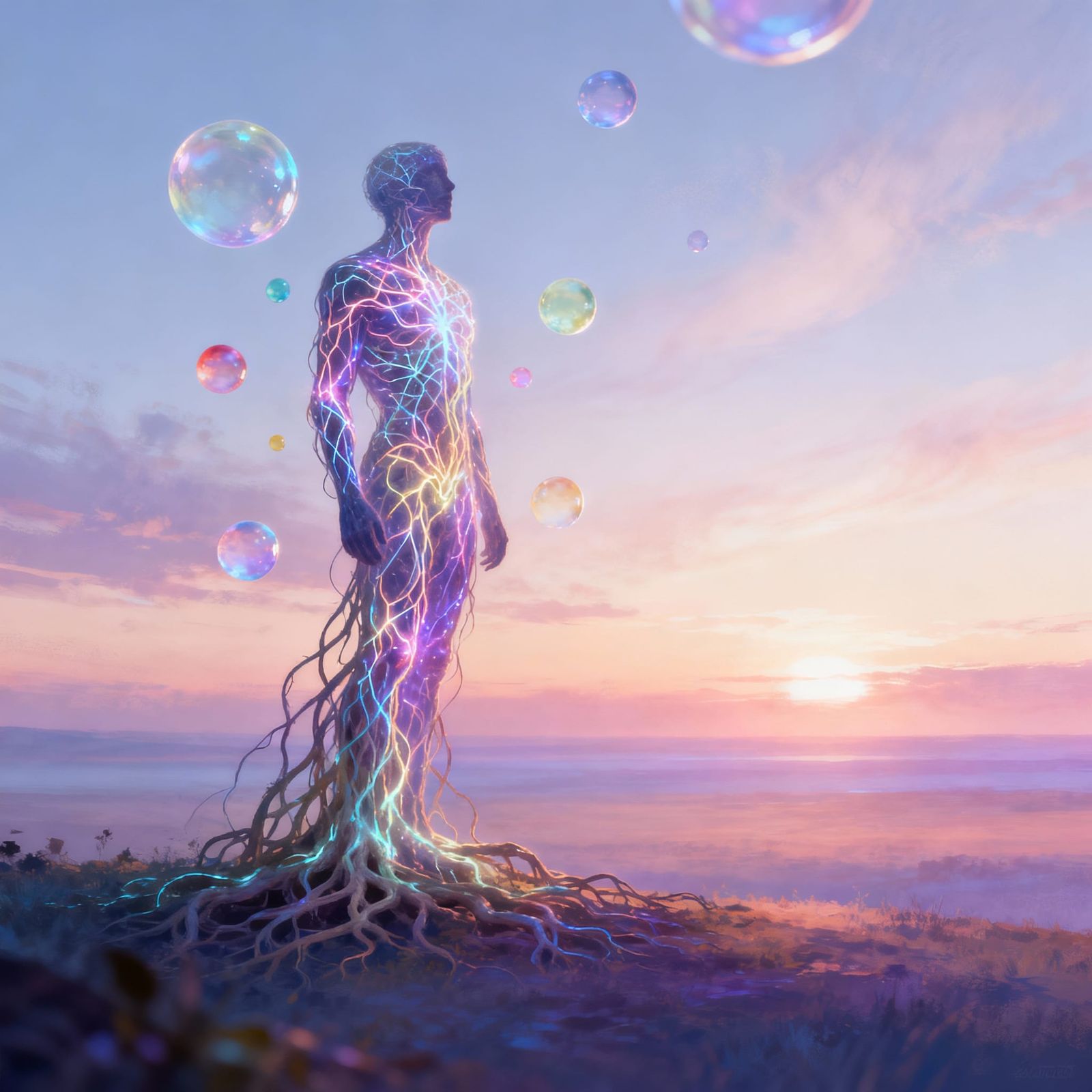 Inner Peace: Figure of Light and Roots in Serene Landscape