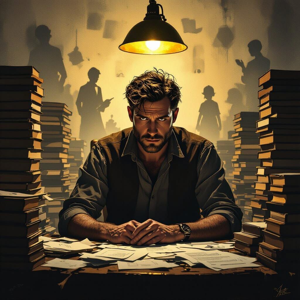 Worried Man at Desk in Dramatic Digital Art Style