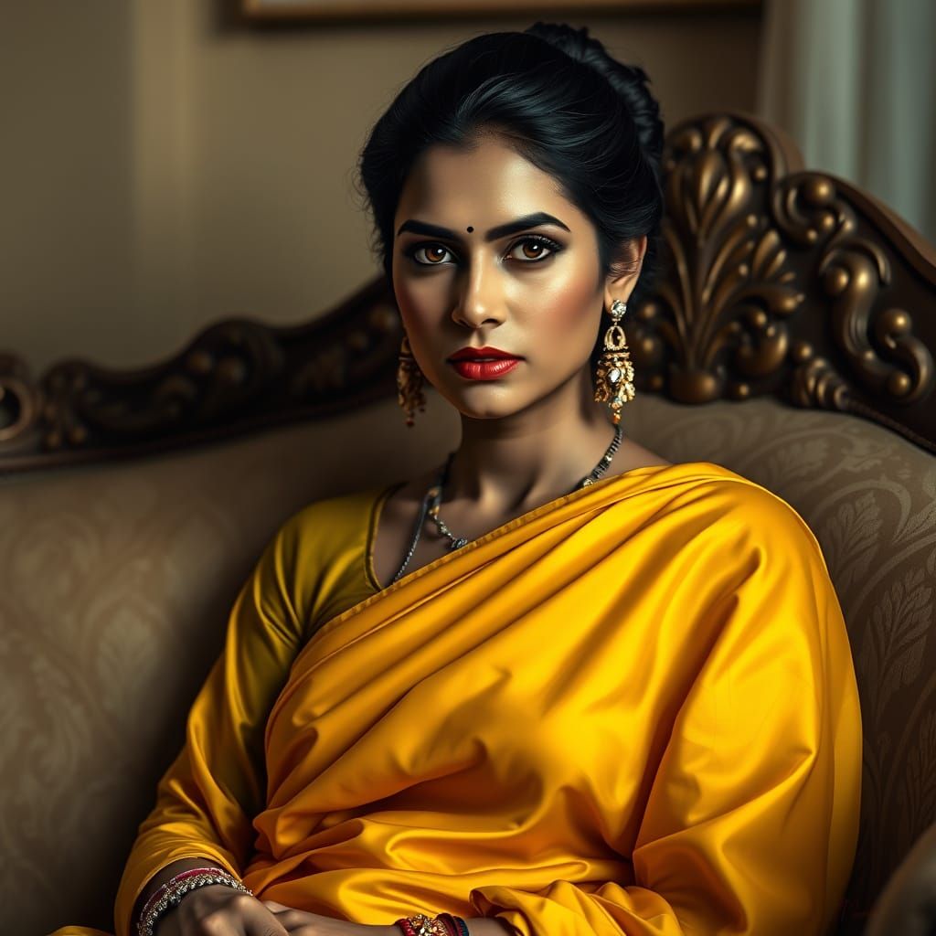 Beautiful Indian Woman in Yellow Attire on Ornate Sofa