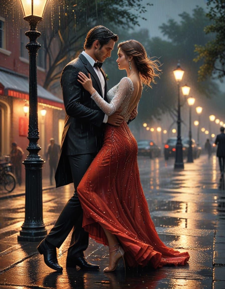 Elegant Couple Waltzing in Rainy Street Scene