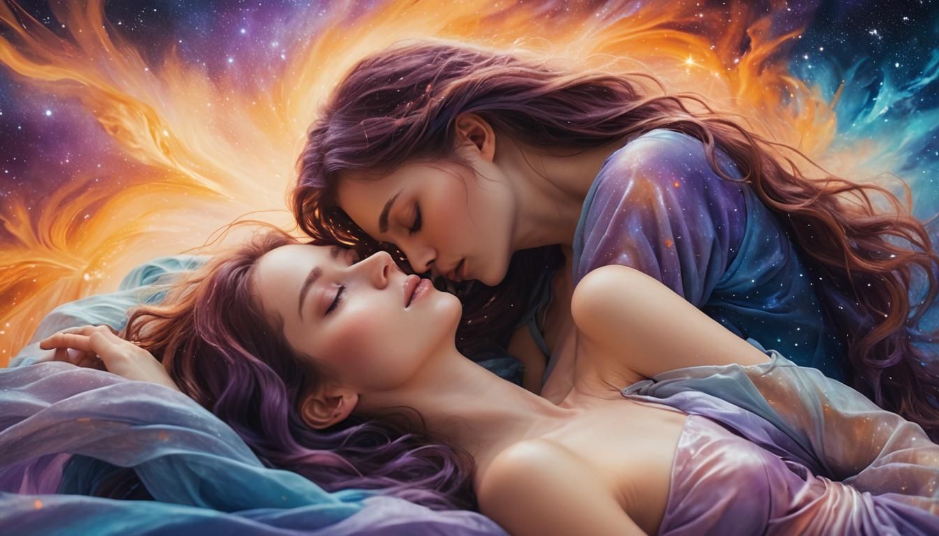 Ethereal Kiss: Dreamlike Fantasy Portrait in Cosmic Colors