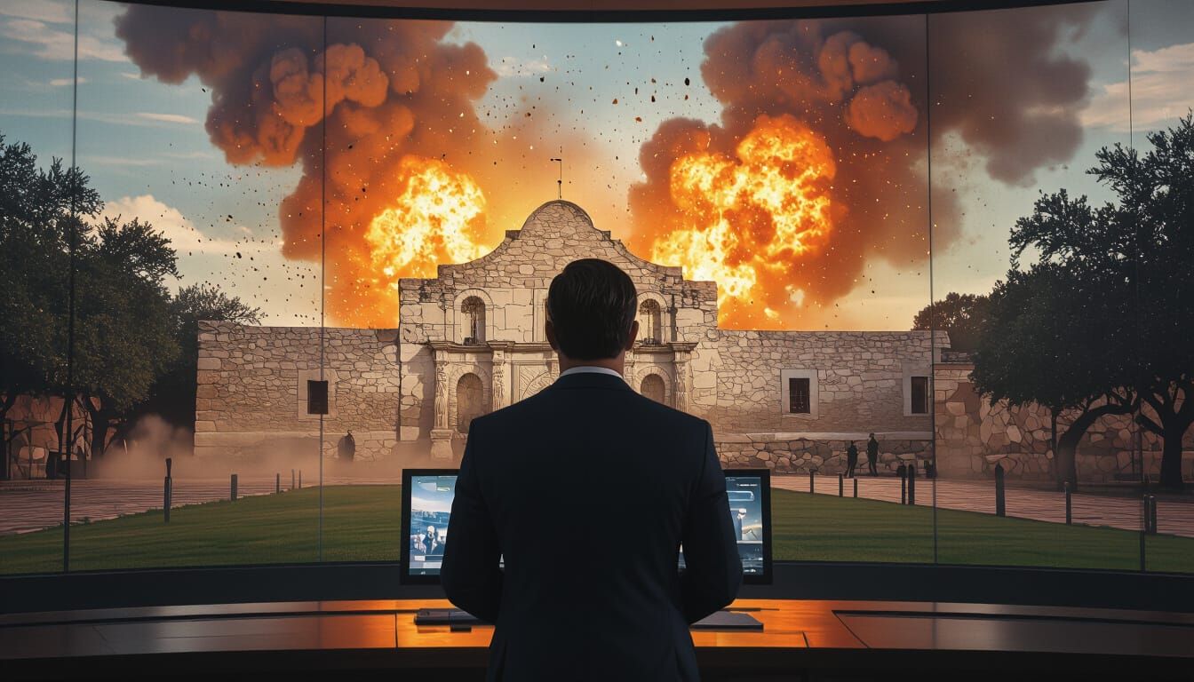 The digital screen behind the @News Anchor transitions to an...