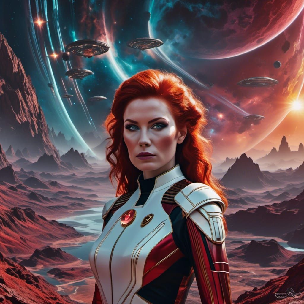 Red-Haired Woman in Star Trek Sci-Fi Landscape