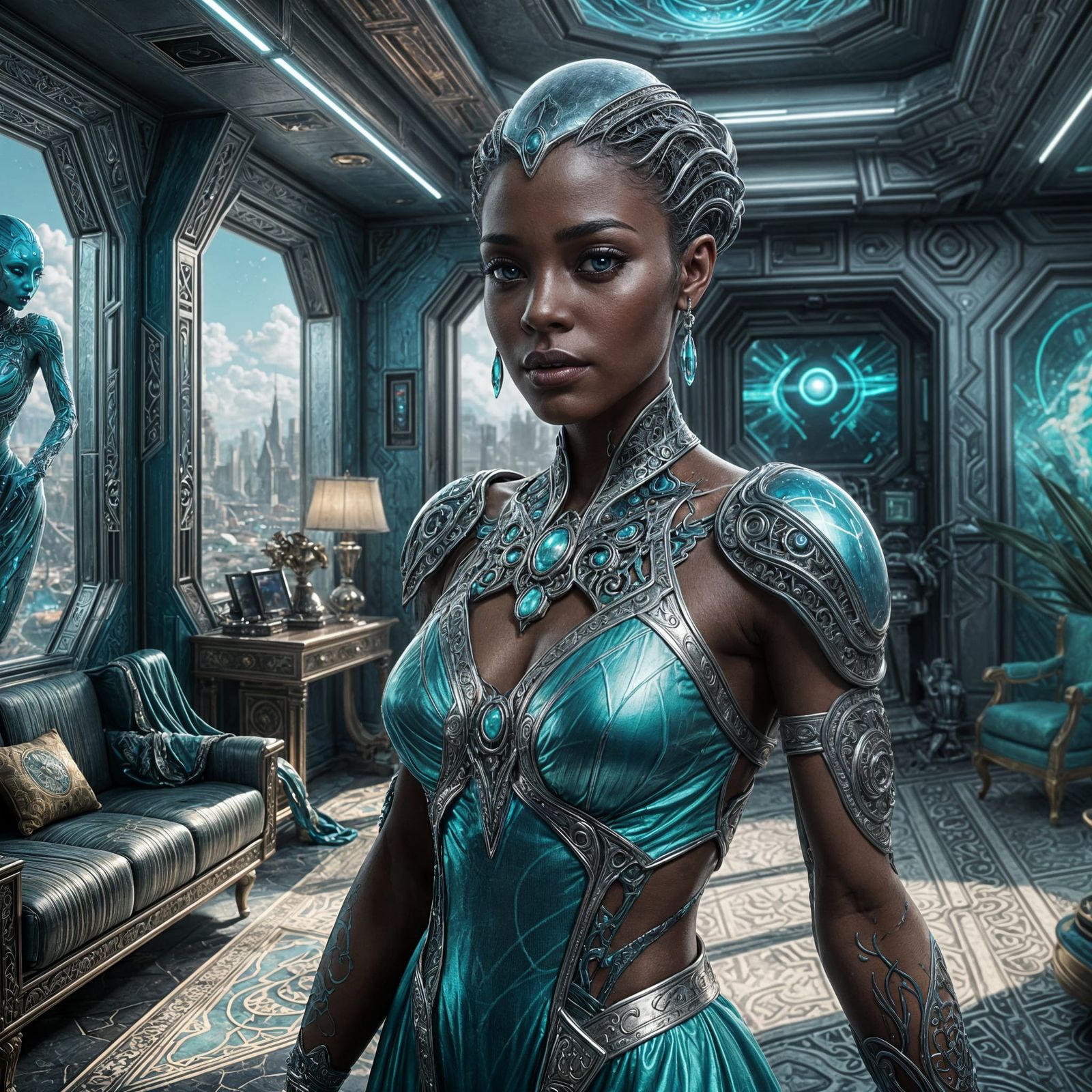 Beautiful Alien Woman in High-Tech Living Room