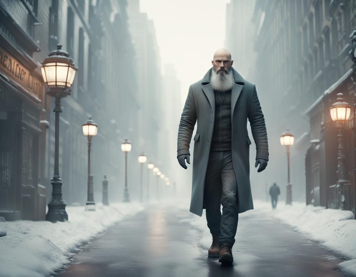 Bald Man Walking on Snowy Street: Digital Matte Painting
