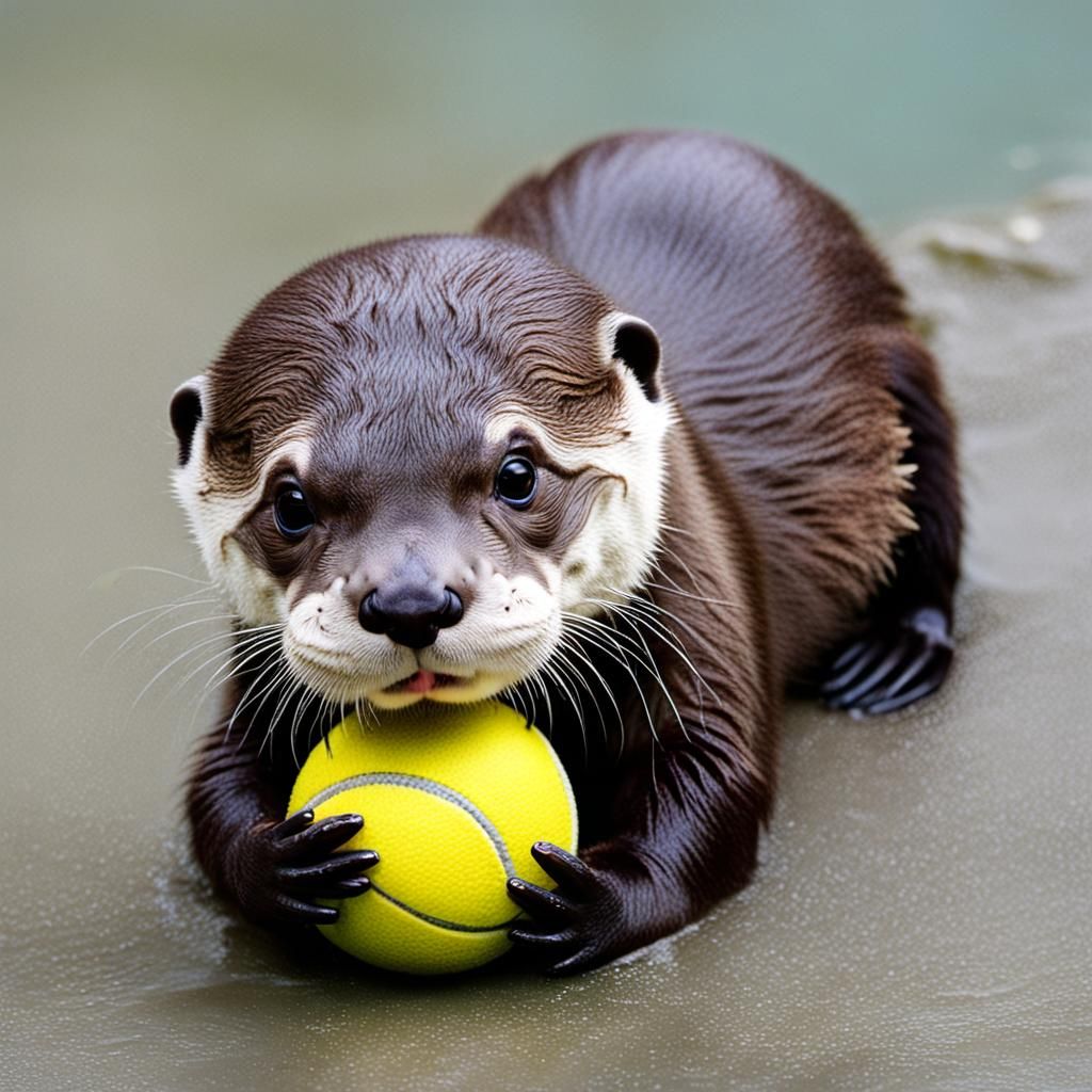 Norman the baby otter gets a ball to play with