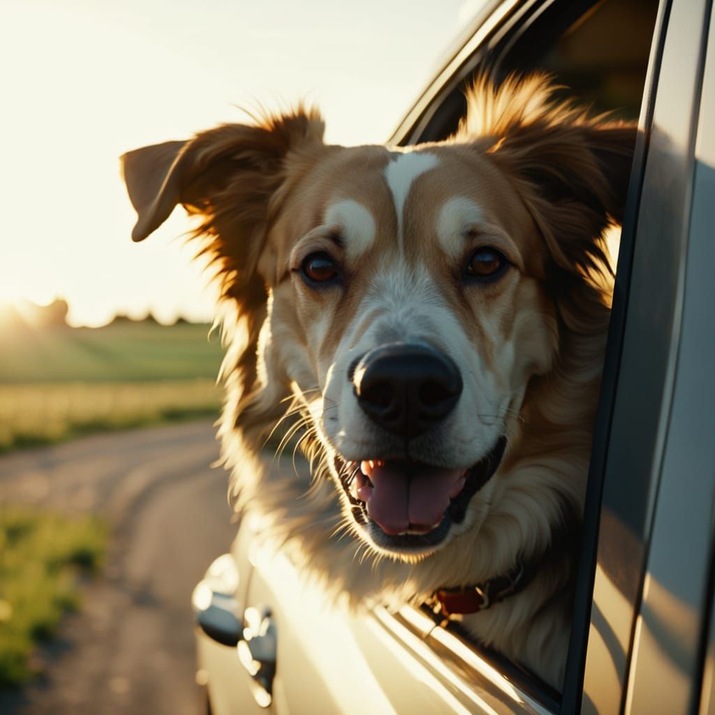 Happy Dog Enjoys Car Ride in Golden Hour Sunlight