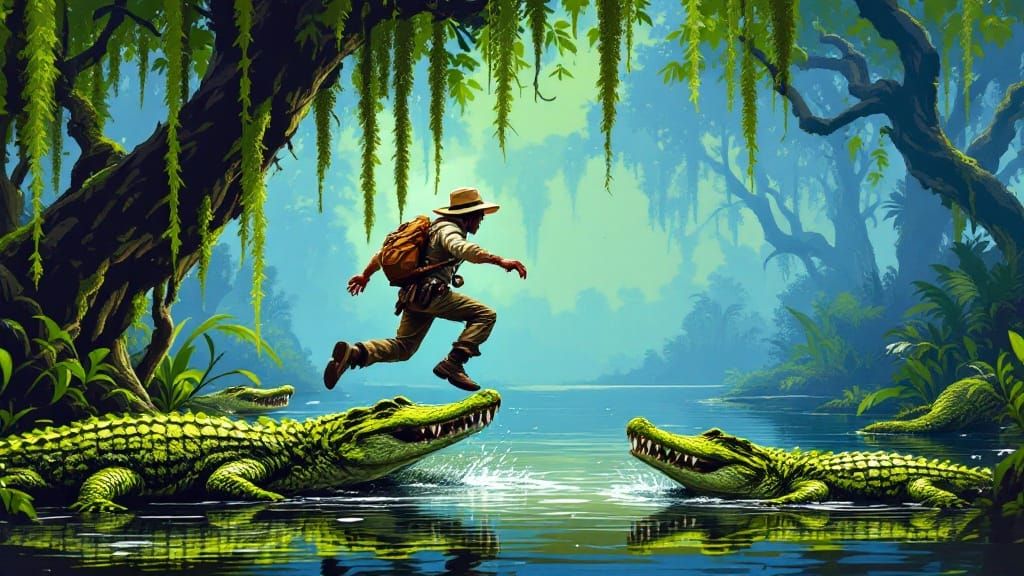 Retro 8-bit Adventurer Leaps Over Alligators