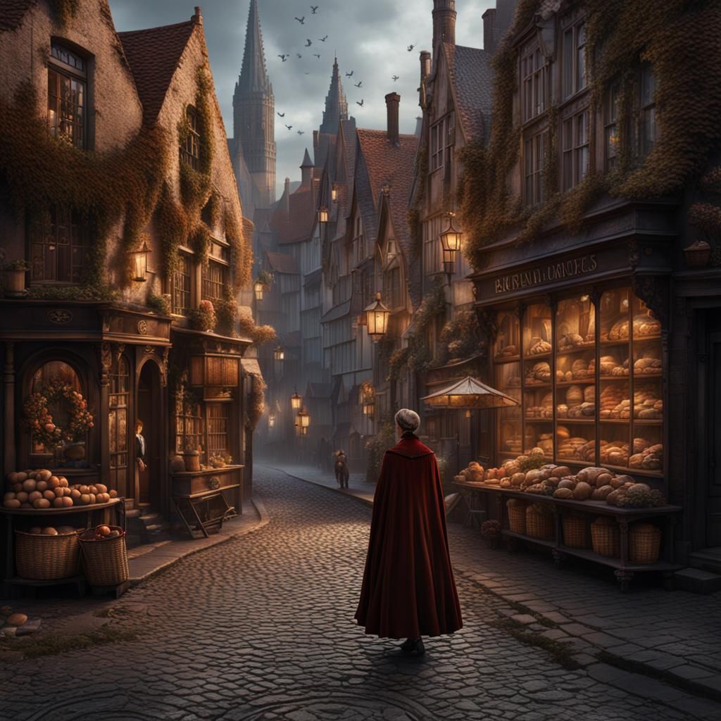 Bruges Street Scene with Lady in Brown Cape