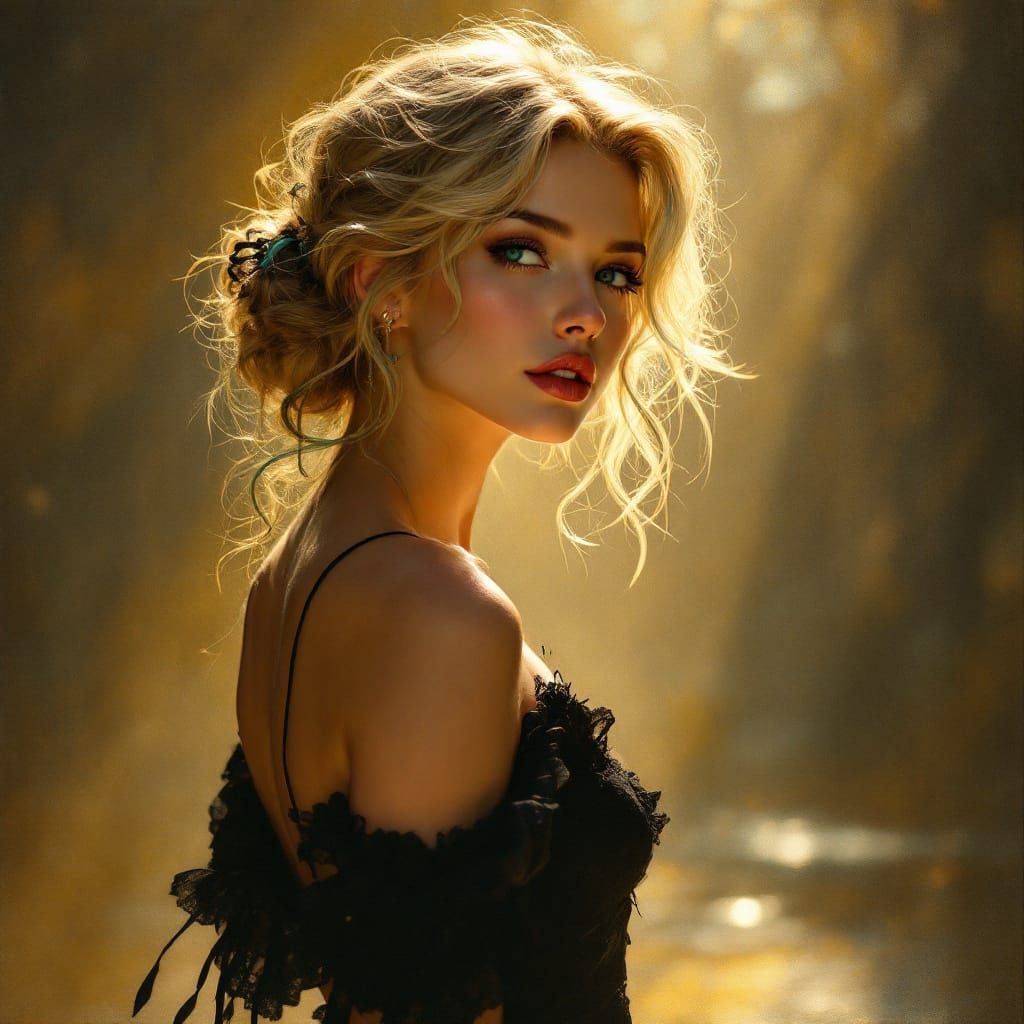 Blond Pin-Up Woman in Little Black Dress with Teal Hair