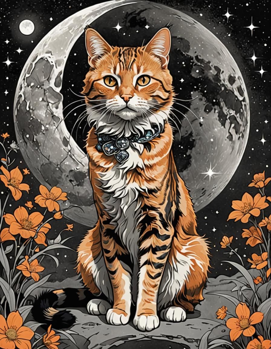 Cats Playing Under Moon in Mucha-Inspired Surrealism