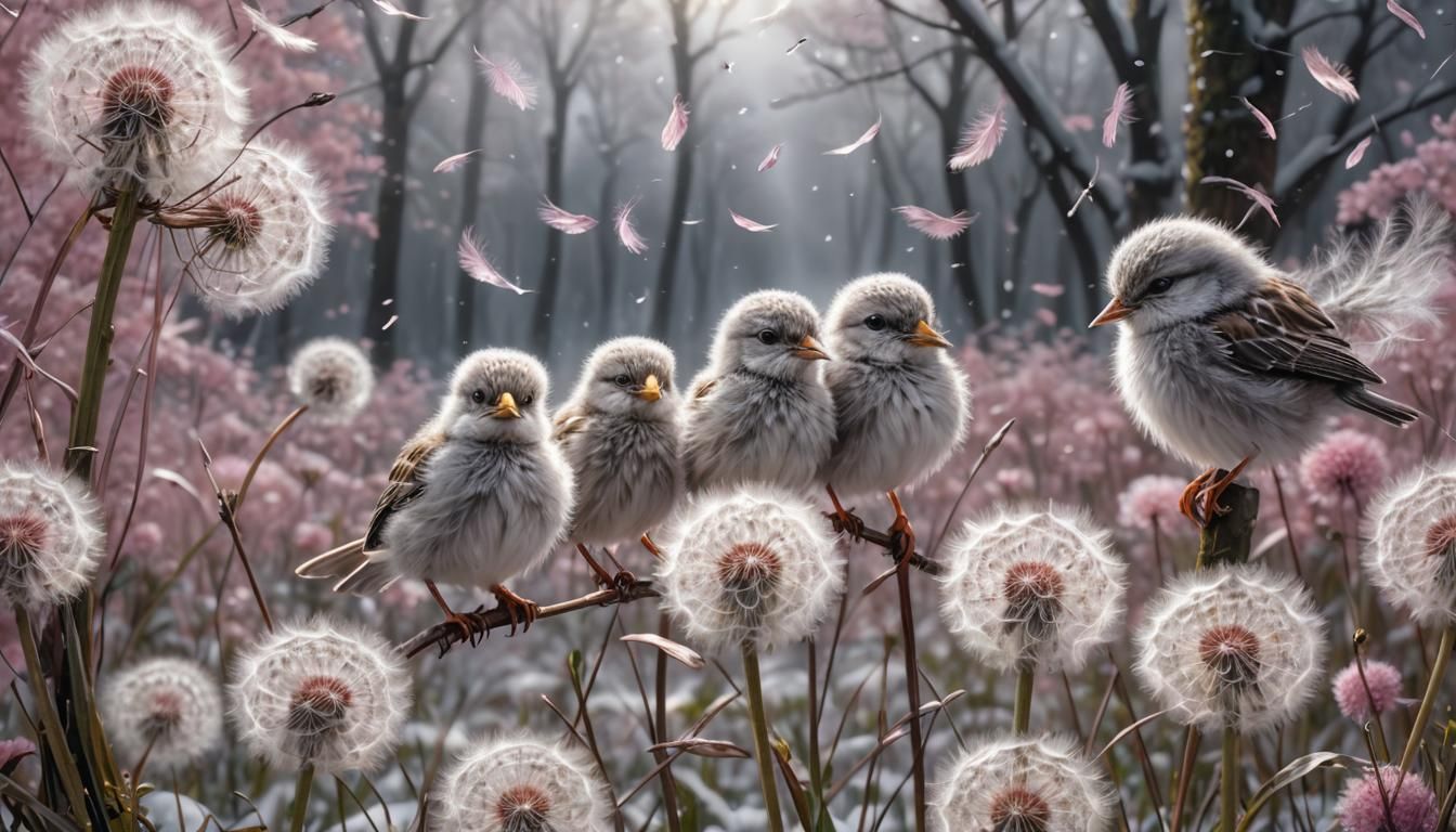Baby Birds in Snowy Forest with Dandelions