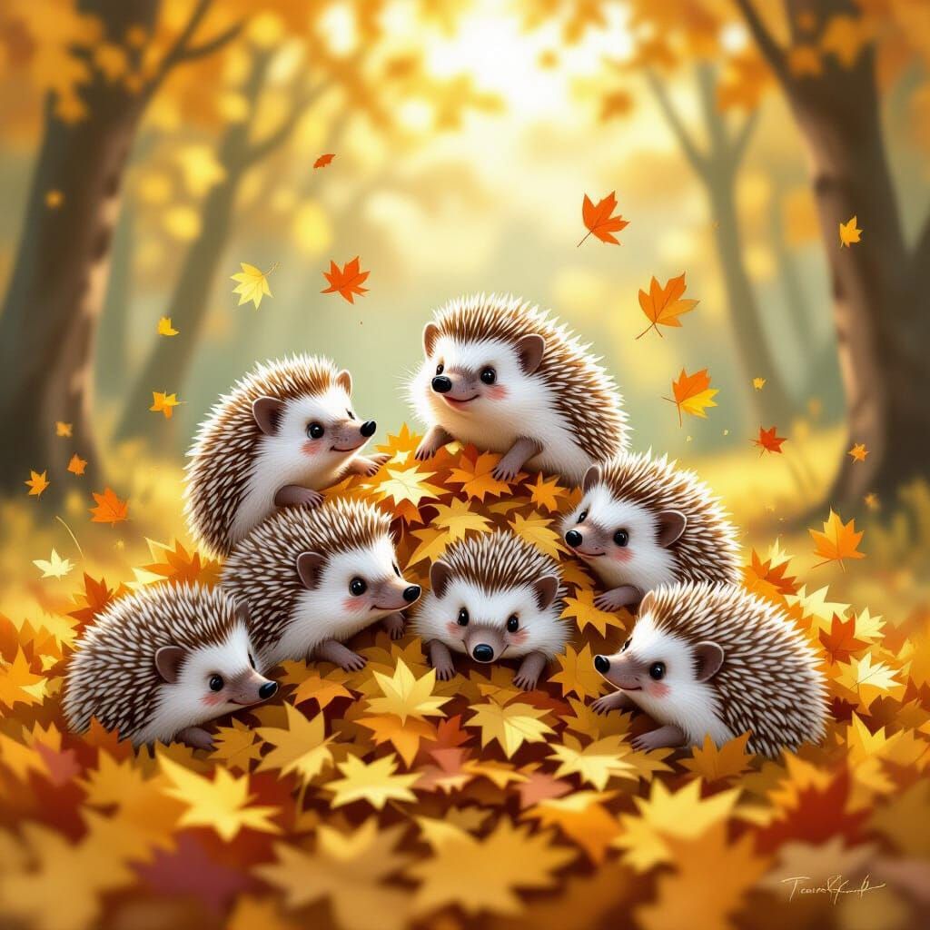 Hedgehog Family Tumbles in Golden Autumn Leaves