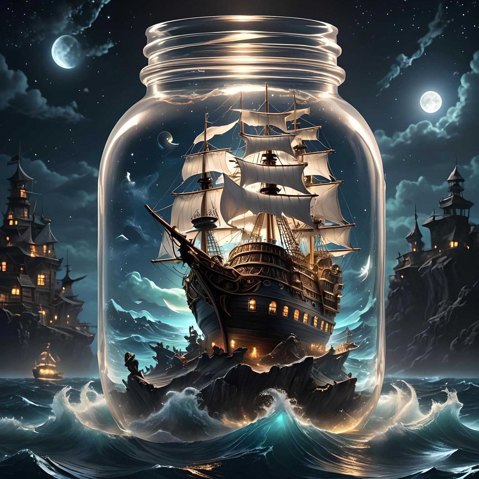 Ghost Pirate Ship in a Jar at Night