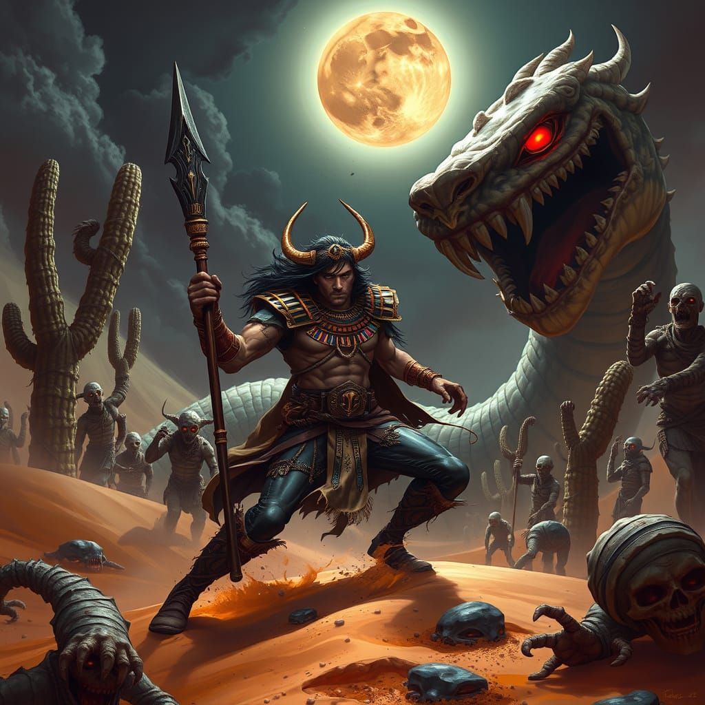 Loki-like Warrior Battles Serpent in Egyptian Underworld