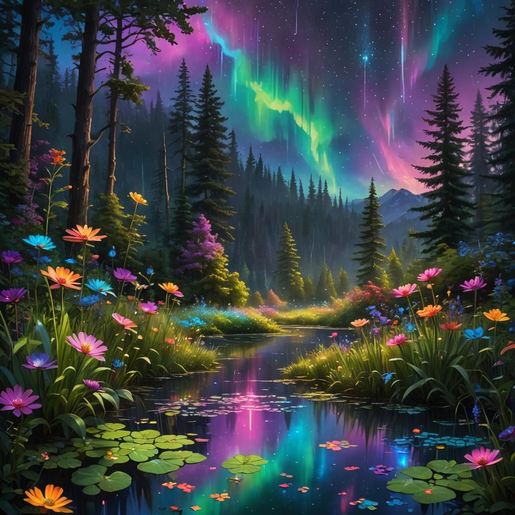 Bioluminescent Meadow with Crystalline Rain, Fantasy Art