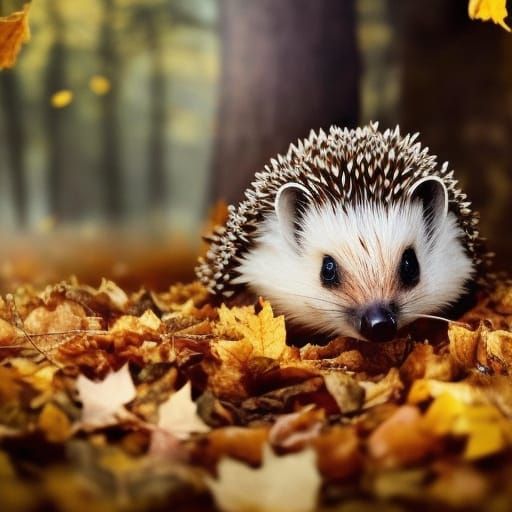 Cute Hedgehog Covered in Autumn Leaves