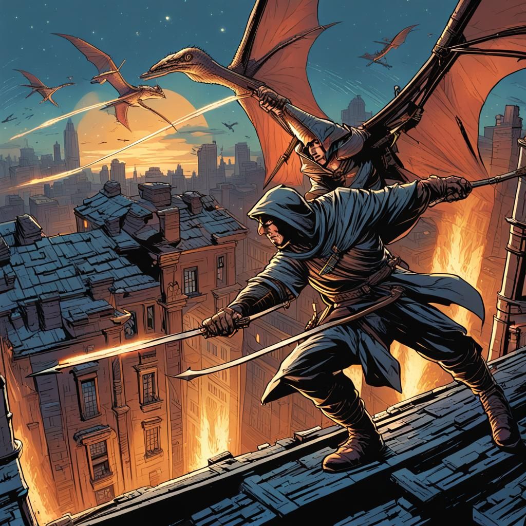 Pterodactyl and Archer Battle: Comic Book Art