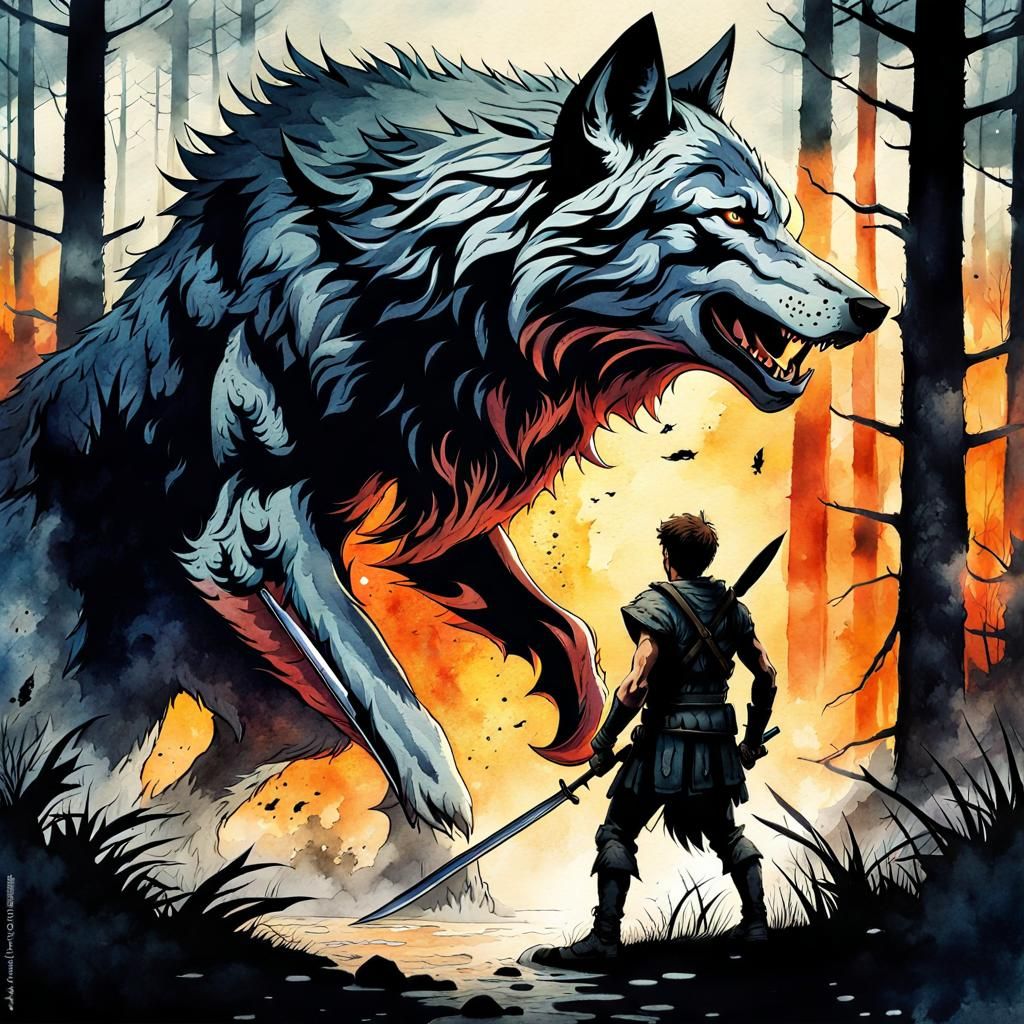 Dramatic Watercolor of Warrior Attacked by Wolf