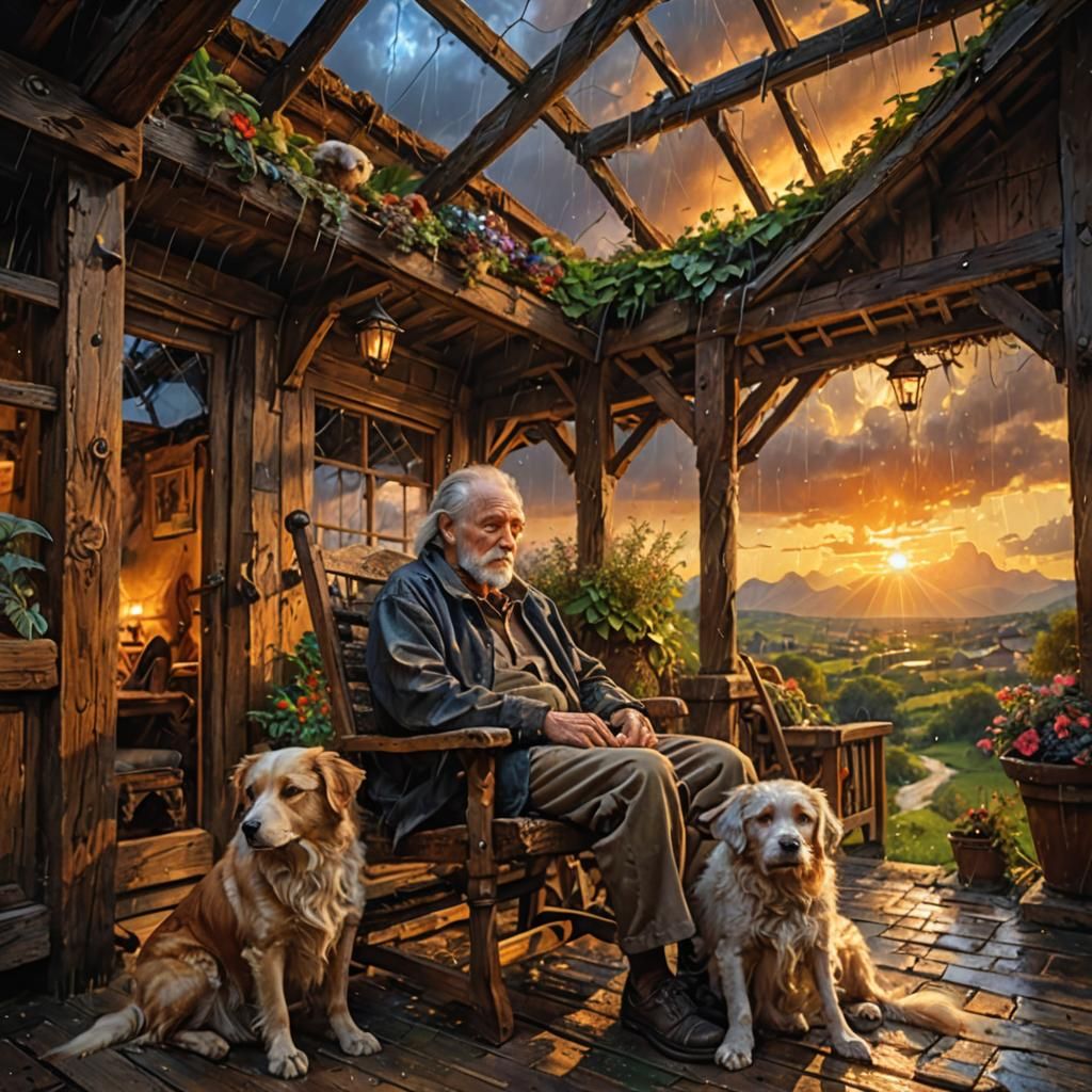Man and Dog Relaxing in Rainy Sunset, Renaissance Style