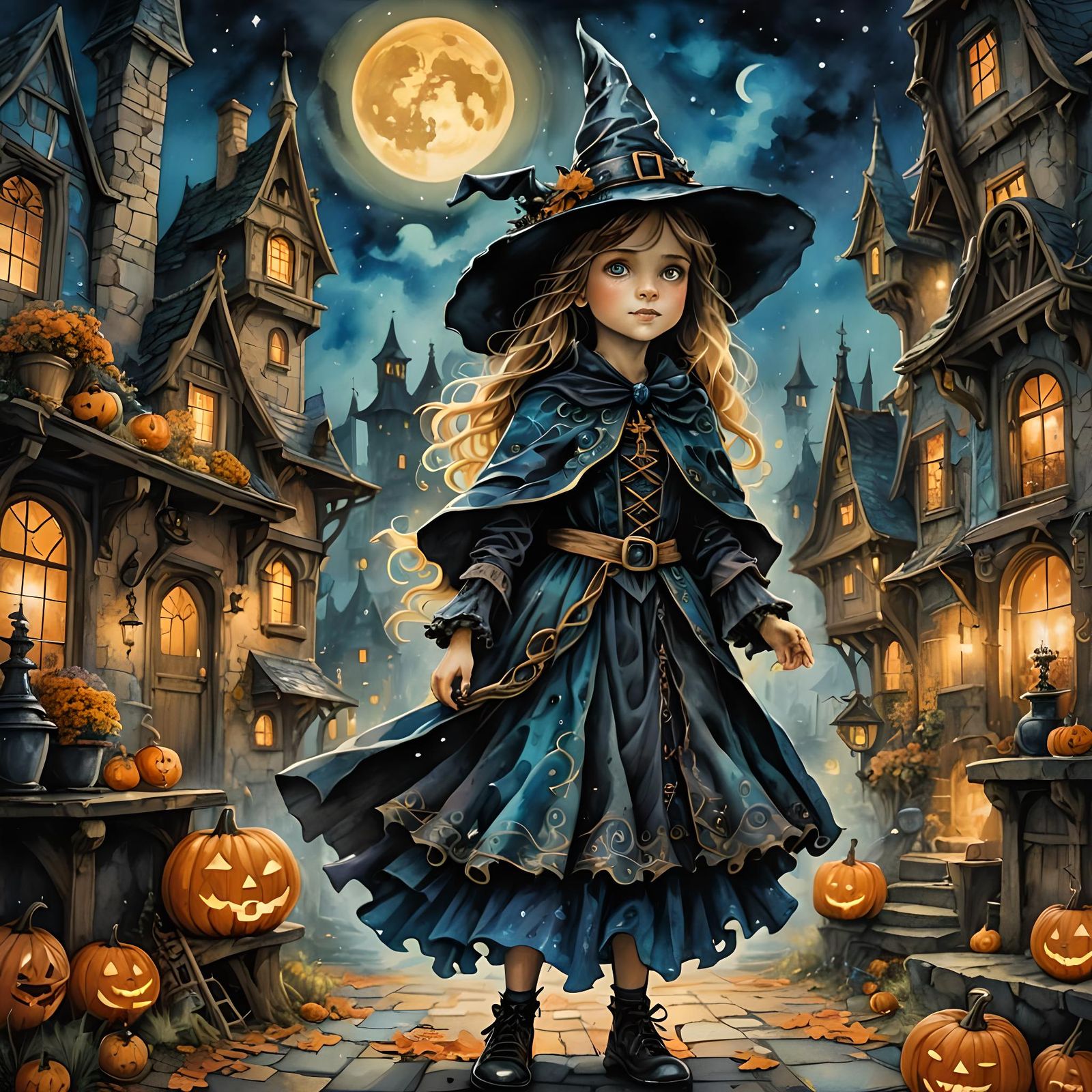 Halloween Witch Girl: Detailed Watercolor Illustration