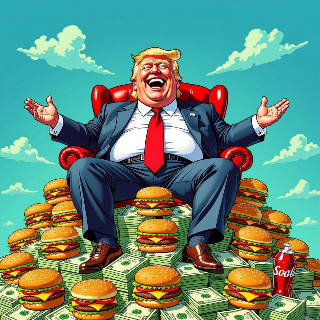 Satirical Image of Obese Man on Money Pile