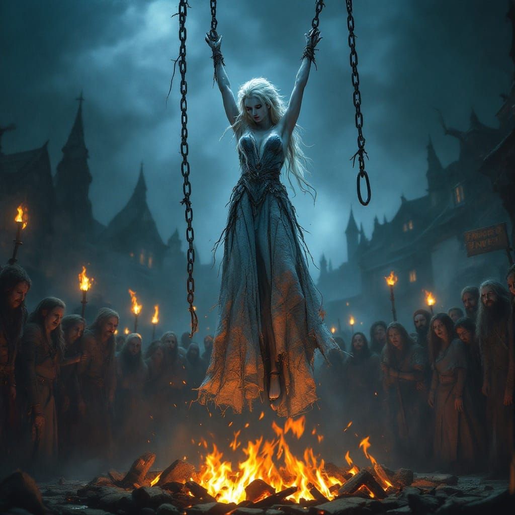 Elsa Tormented Above Flickering Flames in Horror Art