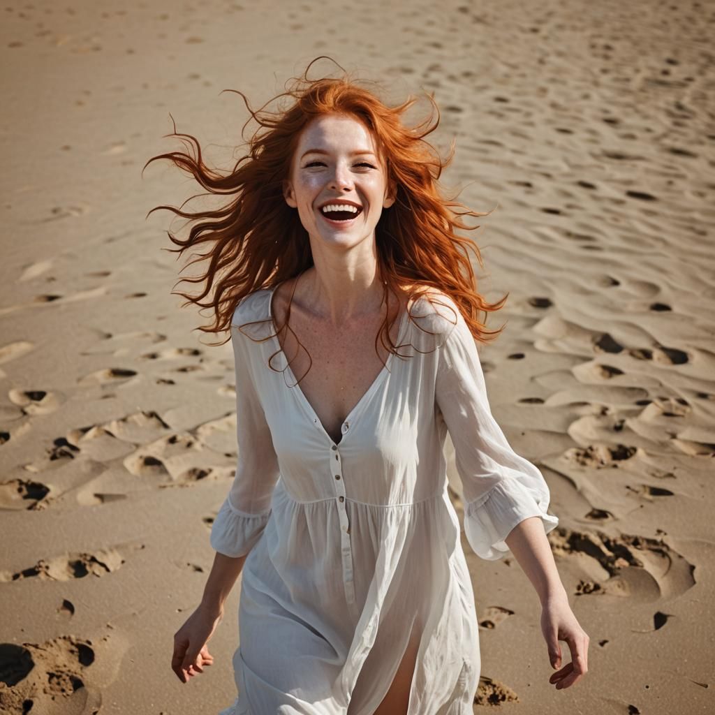 Sensual Redhead Nude on Beach with Flowing Hair