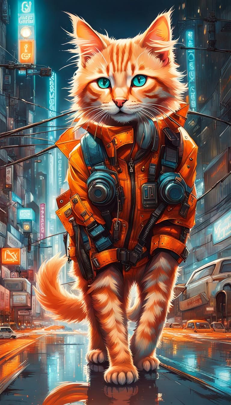 Kitten Walks Cyberpunk Tokyo Street at Night