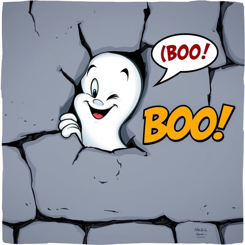 Casper the friendly ghost is looking out of a wall, the is a text bubble saying[BOO]