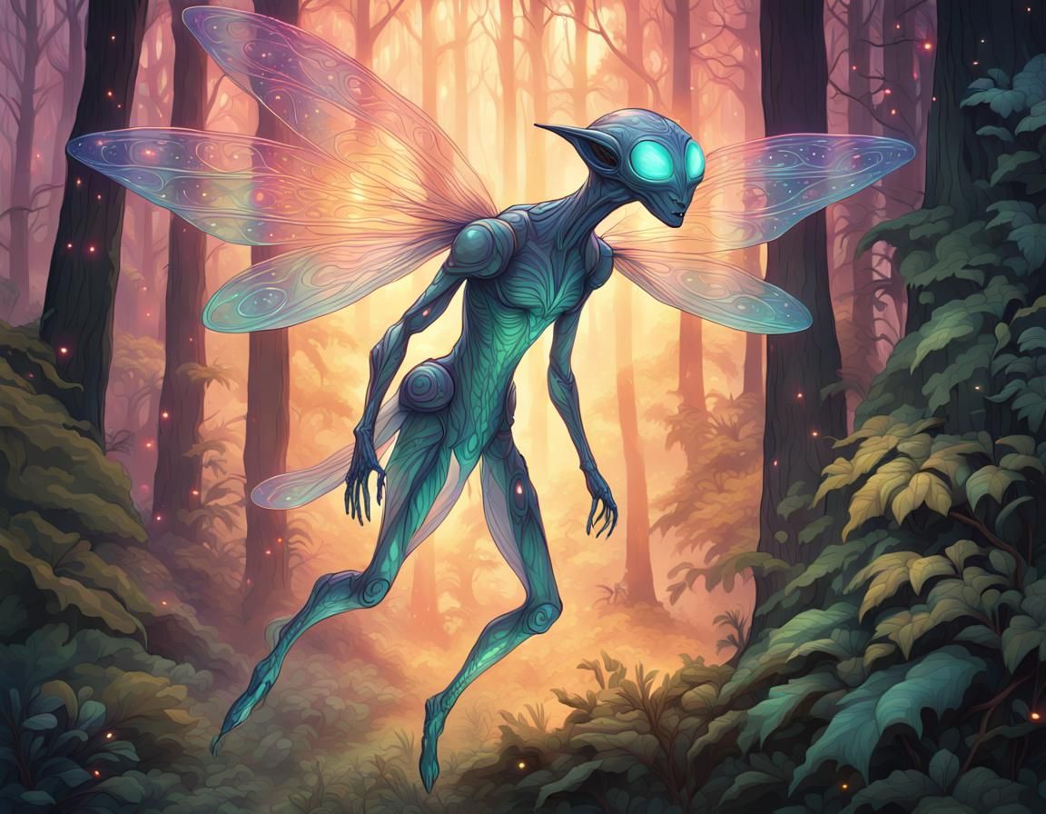 Ethereal Firefly Alien in Vibrant Forest Illustration