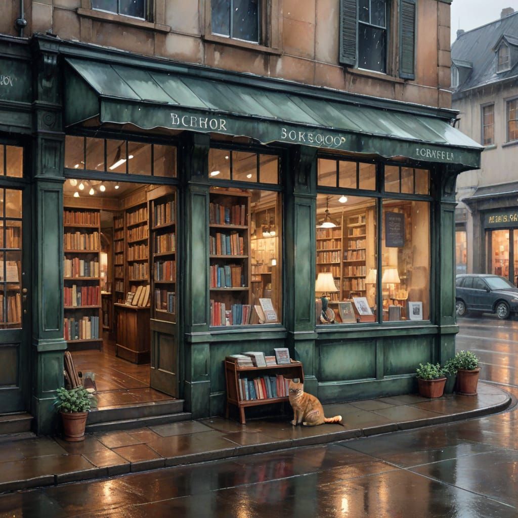 Cozy Bookshop on Rainy Day: Watercolor Image