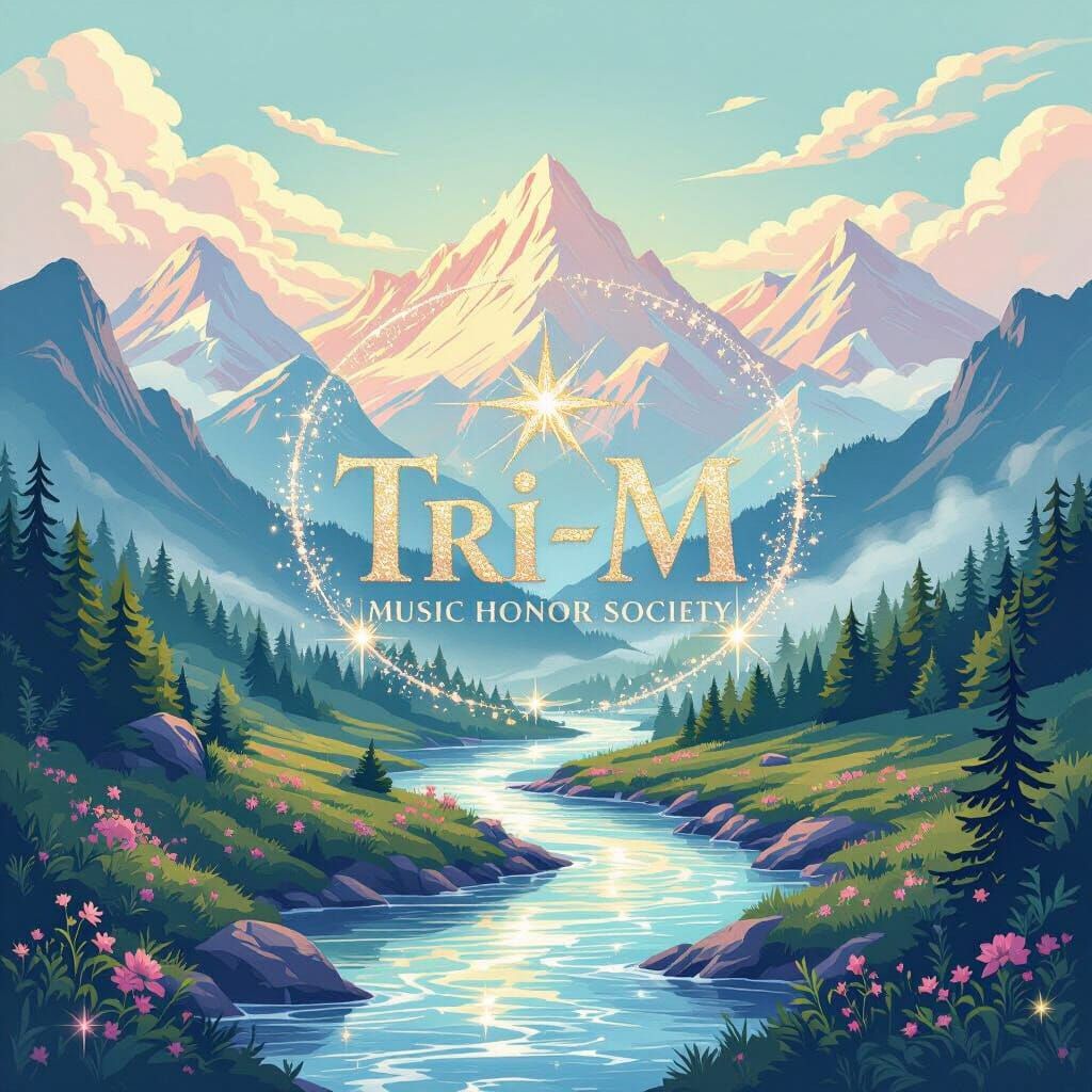Sparkly Tri-M Music Logo in Pastel Mountain Landscape
