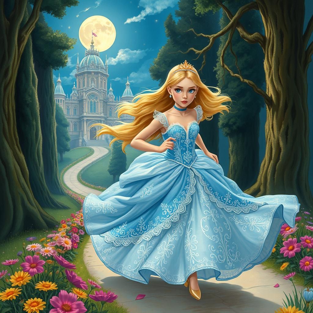 Cinderella's Midnight Flight: A Gouache Painting