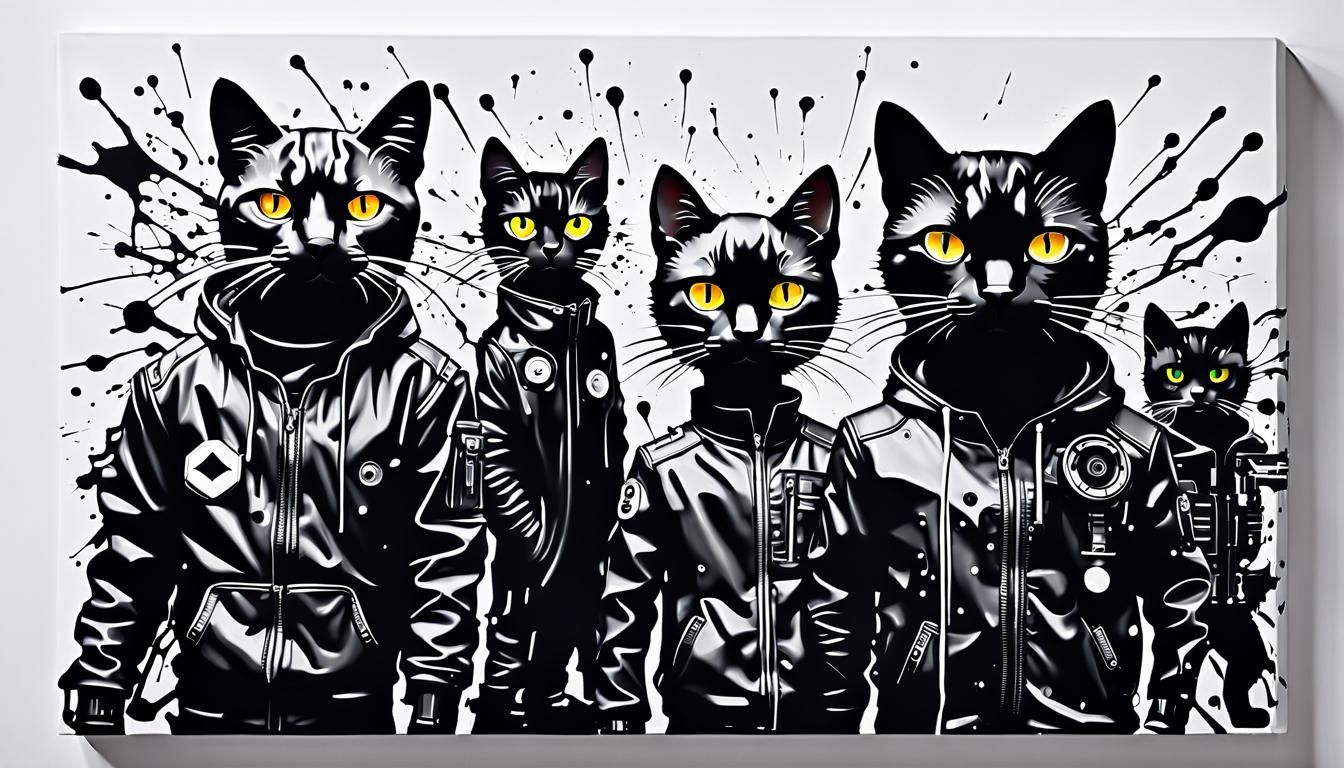 Cyberpunk Anime Cat Family Portrait in Black and White