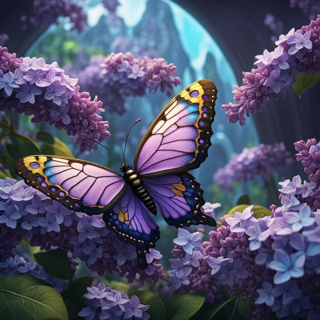 Cloisonne Butterfly Among Lilacs: Fantasy Concept Art
