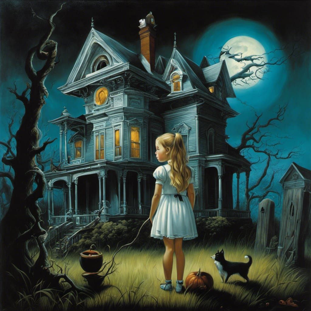 Whimsical Girl Beside a Haunted House