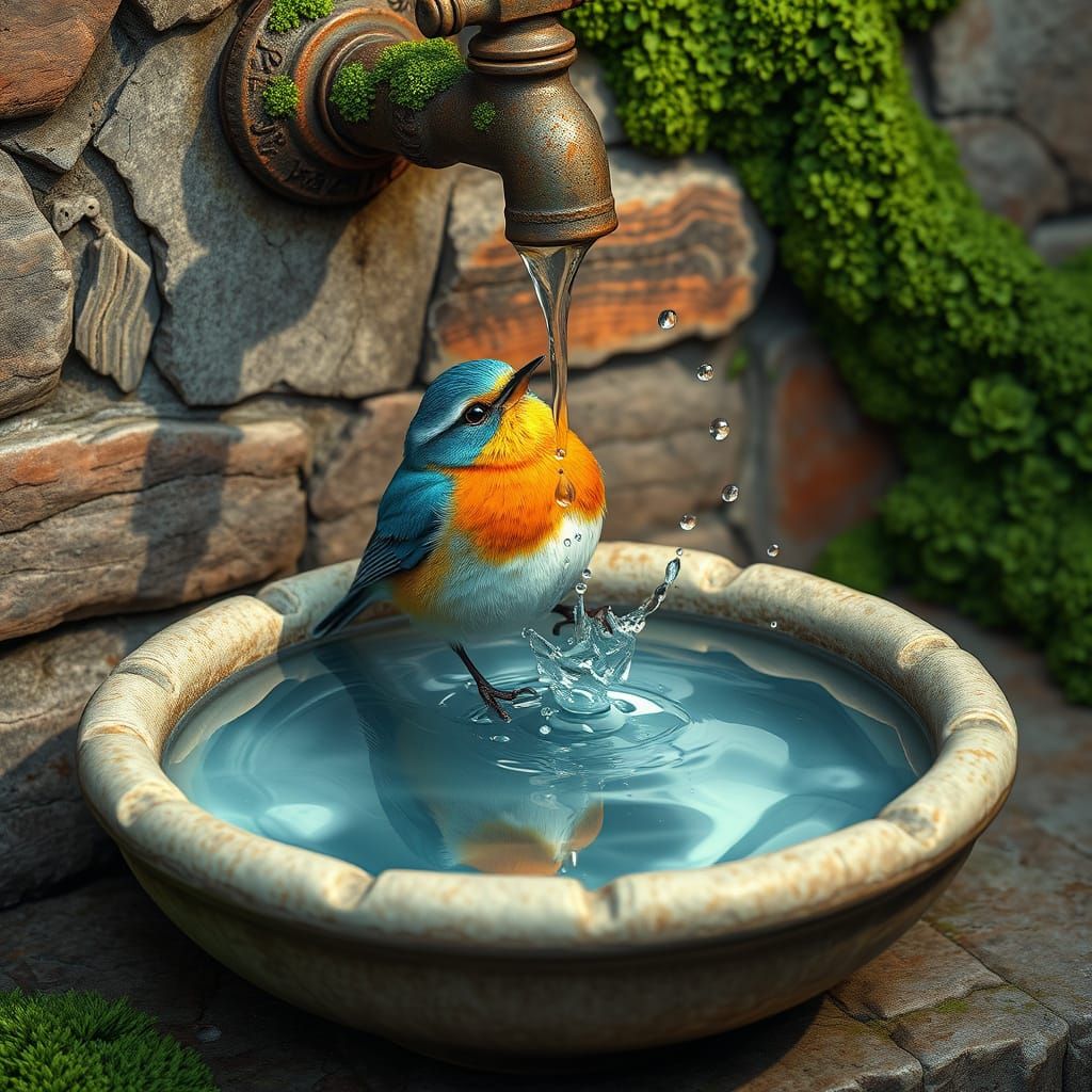 Vibrant Songbird in Whimsical Water Scene