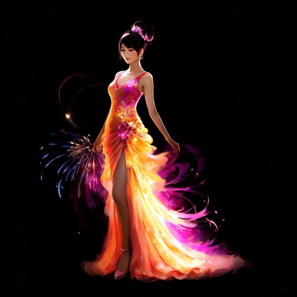 Vibrant Digital Dress Design with Flame-Inspired Brushstroke...