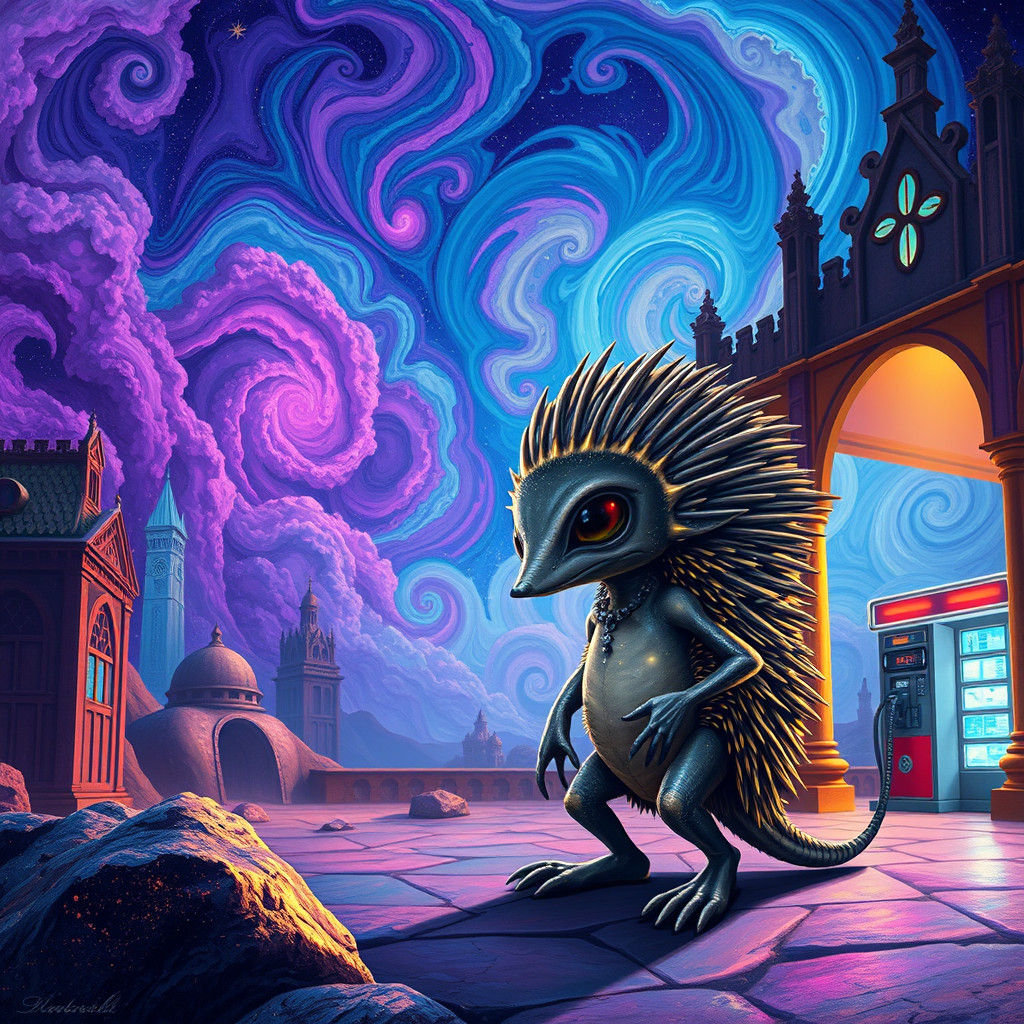 Alien Hedgehog at Interstellar Gas Station in Dreamlike Styl...
