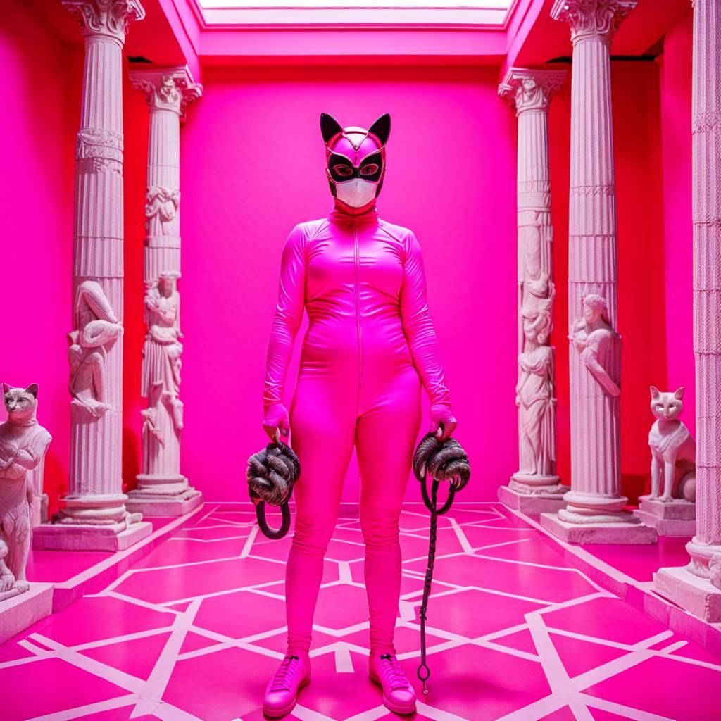 Woman in Pink Catsuit with Greek Statues