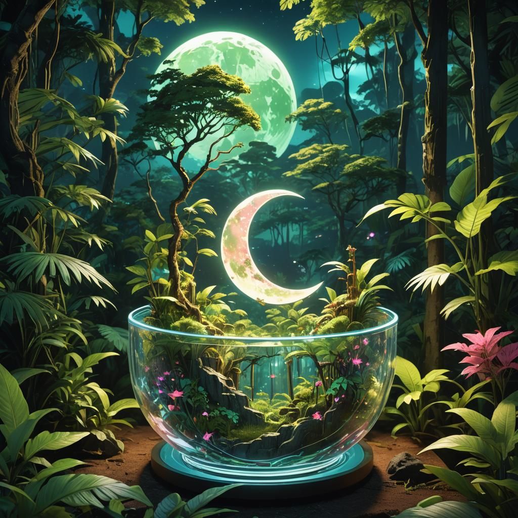 Fluorescent Moon in Rainforest, as 3D Anime Art